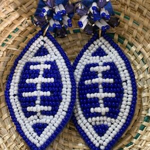 Handmade Beaded Football Earrings in Blue & White